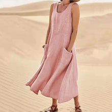 Load image into Gallery viewer, New Product in Stock Wish Aliexpress Amazon Independent Station Sleeveless Plus Flap Pocket Pants Pure Color Cotton and Linen Midi Dress