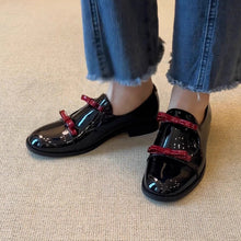 Load image into Gallery viewer, In-Stock Double Bow Patent Leather Women's Loafers for Spring and Autumn, New Style with Chunky Heels and Round Toe, Slip-On Commuting Shoes