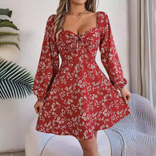 Load image into Gallery viewer, Real Shot of 2026 Spring/Summer European and American Casual Sexy Lace-Up Square-Neck Floral Long-Sleeve A-Line Dress, Independent Cross-Border Women's Fashion