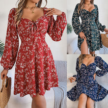 Load image into Gallery viewer, Real Shot of 2026 Spring/Summer European and American Casual Sexy Lace-Up Square-Neck Floral Long-Sleeve A-Line Dress, Independent Cross-Border Women's Fashion
