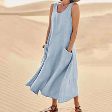 Load image into Gallery viewer, New Product in Stock Wish Aliexpress Amazon Independent Station Sleeveless Plus Flap Pocket Pants Pure Color Cotton and Linen Midi Dress