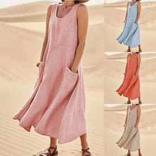 Load image into Gallery viewer, New Product in Stock Wish Aliexpress Amazon Independent Station Sleeveless Plus Flap Pocket Pants Pure Color Cotton and Linen Midi Dress