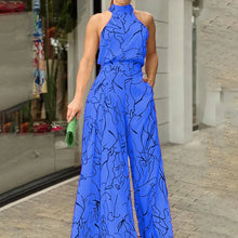 Load image into Gallery viewer, Summer women's wear with elegant waist-cinching sash-tie sleeveless off-shoulder long pants printed jumps