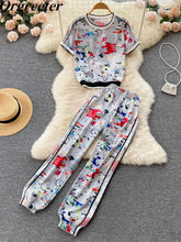 Load image into Gallery viewer, Summer New Tracksuit Women Outfits Female Print O-neck Tshirt +Elastic waist Pants Two Piece Set Casual 2 Piece Set