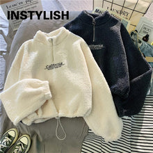 Load image into Gallery viewer, Women Stand Neck Fleece Cropped Hoodies Autumn Letter Embroidery Long Sleeve Drawstring Sweatshirt Elegant Plush Velvet Tops