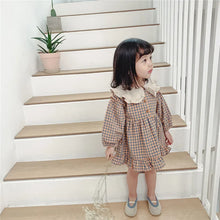 Load image into Gallery viewer, Girls Clothing Cute Children Dresses Kids Baby Girl Plaid Cotton Linen Lapel Collar Dress Long Sleeve Skirt