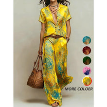 Load image into Gallery viewer, Women's Summer 2-Piece Set Elegant Printed Short Sleeve Shirt Top with Fashionable Casual Loose Wide Leg Pants Ensemble