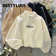 Load image into Gallery viewer, Women Stand Neck Fleece Cropped Hoodies Autumn Letter Embroidery Long Sleeve Drawstring Sweatshirt Elegant Plush Velvet Tops