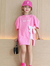 Load image into Gallery viewer, Summer Kids Girls T-shirt Letter Printing Bow Split Loose Long Children's T-Shirt Tops For 3-12 Years Girl Clothing