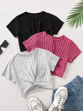 Load image into Gallery viewer, Spring/Summer Girl Big Boy Girl Casual Cute Solid Color Round Neck Short Sleeve Three Piece Set