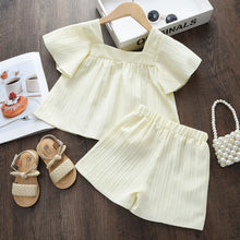 Load image into Gallery viewer, Leisure Vacation Style Children's Suit Solid Color Flower Embroidery Square Neck Short Sleeved Top+shorts Two-piece Set Summer