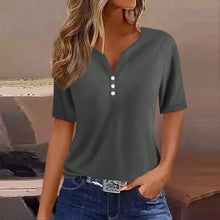 Load image into Gallery viewer, Women Summer Trendy Simple Casual Fashion Button T Shirt V Neck Short Sleeve Solid Loose Pullover Tops Plus Size Ropa De Mujer