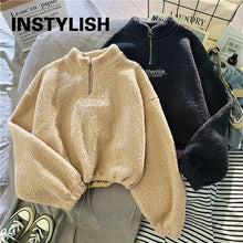 Load image into Gallery viewer, Women Stand Neck Fleece Cropped Hoodies Autumn Letter Embroidery Long Sleeve Drawstring Sweatshirt Elegant Plush Velvet Tops