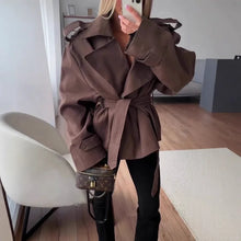 Load image into Gallery viewer, F New Fashion Lace up Cropped Trench Coat Women Lapel Long Sleeves Wide Shoulder Windbreaker Jacket Fall Commuting Daily Jackets