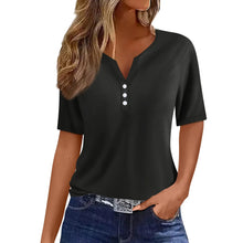 Load image into Gallery viewer, Women Summer Trendy Simple Casual Fashion Button T Shirt V Neck Short Sleeve Solid Loose Pullover Tops Plus Size Ropa De Mujer