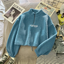 Load image into Gallery viewer, Women Stand Neck Fleece Cropped Hoodies Autumn Letter Embroidery Long Sleeve Drawstring Sweatshirt Elegant Plush Velvet Tops