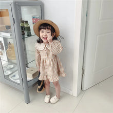 Load image into Gallery viewer, Girls Clothing Cute Children Dresses Kids Baby Girl Plaid Cotton Linen Lapel Collar Dress Long Sleeve Skirt