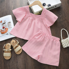 Load image into Gallery viewer, Leisure Vacation Style Children's Suit Solid Color Flower Embroidery Square Neck Short Sleeved Top+shorts Two-piece Set Summer