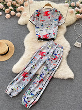 Load image into Gallery viewer, Summer New Tracksuit Women Outfits Female Print O-neck Tshirt +Elastic waist Pants Two Piece Set Casual 2 Piece Set