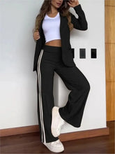 Load image into Gallery viewer, Autumn Winter New Women's Casual Lapel Pantsuit Fashion Splicing Stripes Slit Wide Leg Trousers Female Suit Office Two-piece Set