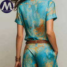 Load image into Gallery viewer, Women's Summer 2-Piece Set Elegant Printed Short Sleeve Shirt Top with Fashionable Casual Loose Wide Leg Pants Ensemble