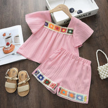 Load image into Gallery viewer, Leisure Vacation Style Children's Suit Solid Color Flower Embroidery Square Neck Short Sleeved Top+shorts Two-piece Set Summer