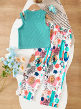 Load image into Gallery viewer, Summer Teenage Girls Clothing Set Off-Shoulder Ribbed Tank Tops and Printed Pants Two-Piece Sets for Kids Girl 6-14 Y