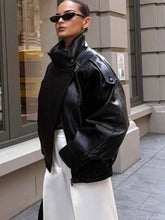 Load image into Gallery viewer, TFMLN 2025 Women Faux Leather Loose Jacket High Street Stand Collar Long Sleeve Coat Fashion Causal Zipper Outwear Autumn Winter