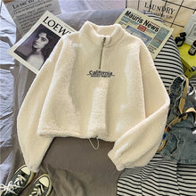 Load image into Gallery viewer, Women Stand Neck Fleece Cropped Hoodies Autumn Letter Embroidery Long Sleeve Drawstring Sweatshirt Elegant Plush Velvet Tops