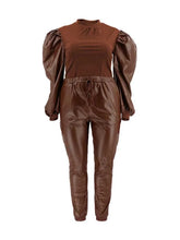 Load image into Gallery viewer, 2 Pieces Set Ladies Fall and Winter Plus Size Women Clothing 2xl 3xl 4xl 5xl Outfits Patchwork Pu Knit Top and Leather Pant Sets