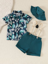 Load image into Gallery viewer, Baby Boy Spring and Summer Beach Vacation Set with Maple Leaf Print Top, Short Sleeves, Shorts, Hat, and Belt – 4 Pieces