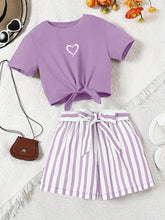 Load image into Gallery viewer, Women's casual daily short sleeved love printed+striped printed shorts 2-piece set with random belt striped children's clothing