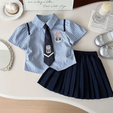 Load image into Gallery viewer, Zootopia Judy Summer Outfit Sets for Girls 2026 New Toddler Baby Casual Dress Suit Short Sleeve Striped Shirt Pleated Skirt 2PCS