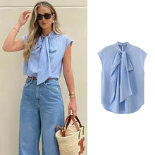 Load image into Gallery viewer, Women's Shirts Summer Fashion Striped Blouse Elegant Scarf Collar Office Women's Blouse Street Chic Young Tops