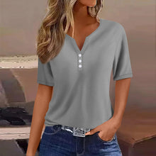 Load image into Gallery viewer, Women Summer Trendy Simple Casual Fashion Button T Shirt V Neck Short Sleeve Solid Loose Pullover Tops Plus Size Ropa De Mujer
