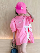 Load image into Gallery viewer, Summer Kids Girls T-shirt Letter Printing Bow Split Loose Long Children's T-Shirt Tops For 3-12 Years Girl Clothing