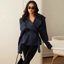 Load image into Gallery viewer, F New Fashion Lace up Cropped Trench Coat Women Lapel Long Sleeves Wide Shoulder Windbreaker Jacket Fall Commuting Daily Jackets