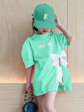 Load image into Gallery viewer, Summer Kids Girls T-shirt Letter Printing Bow Split Loose Long Children's T-Shirt Tops For 3-12 Years Girl Clothing