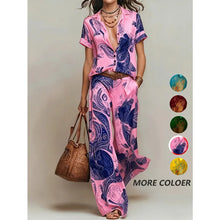 Load image into Gallery viewer, Women's Summer 2-Piece Set Elegant Printed Short Sleeve Shirt Top with Fashionable Casual Loose Wide Leg Pants Ensemble