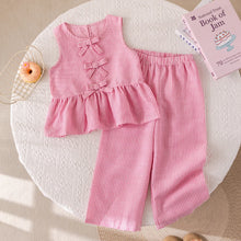 Load image into Gallery viewer, Humor Bear Summer Girls' Suits Pink vertical stripe Bow Sleeveless Vest Top+Pants Two-piece Set Sweet Kids' Clothing Sets