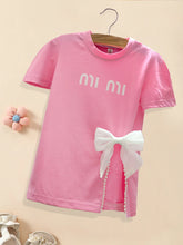 Load image into Gallery viewer, Summer Kids Girls T-shirt Letter Printing Bow Split Loose Long Children's T-Shirt Tops For 3-12 Years Girl Clothing