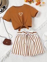 Load image into Gallery viewer, Women's casual daily short sleeved love printed+striped printed shorts 2-piece set with random belt striped children's clothing