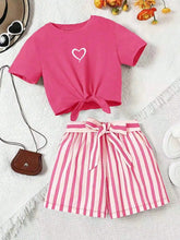 Load image into Gallery viewer, Women's casual daily short sleeved love printed+striped printed shorts 2-piece set with random belt striped children's clothing