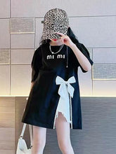 Load image into Gallery viewer, Summer Kids Girls T-shirt Letter Printing Bow Split Loose Long Children's T-Shirt Tops For 3-12 Years Girl Clothing