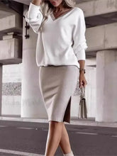 Load image into Gallery viewer, Autumn Winter Casual Loose V-neck Sweatshirt Suit Women's Tight Skirt Long-sleeved Top Two-piece Set New Fashion Holiday Sets