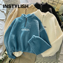 Load image into Gallery viewer, Women Stand Neck Fleece Cropped Hoodies Autumn Letter Embroidery Long Sleeve Drawstring Sweatshirt Elegant Plush Velvet Tops
