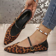 Load image into Gallery viewer, Ladies Fashion Leopard Pointed Mary Jane Flat Shoes Soft Suede Single Strap Metal Buckle Low Heel Casual Daily Slip On Shoes