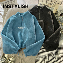 Load image into Gallery viewer, Women Stand Neck Fleece Cropped Hoodies Autumn Letter Embroidery Long Sleeve Drawstring Sweatshirt Elegant Plush Velvet Tops