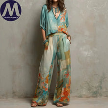 Load image into Gallery viewer, Women's Summer Fashion Set Elegant Printed Seven-Quarter Sleeve Top with Loose Wide Leg Pants Casual 2-Piece Outfit