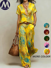 Load image into Gallery viewer, Women's Summer 2-Piece Set Elegant Printed Short Sleeve Shirt Top with Fashionable Casual Loose Wide Leg Pants Ensemble